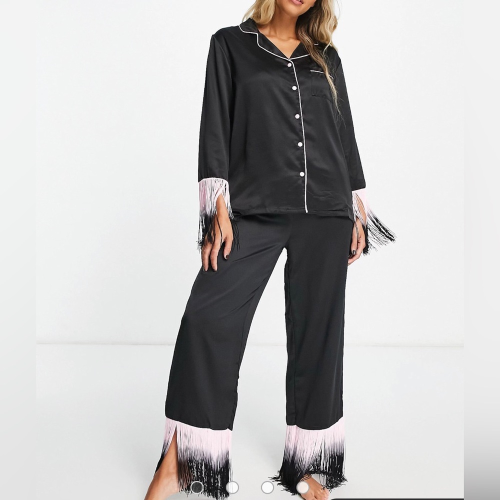 Loungeable fringed long button up pajama set in black and pink